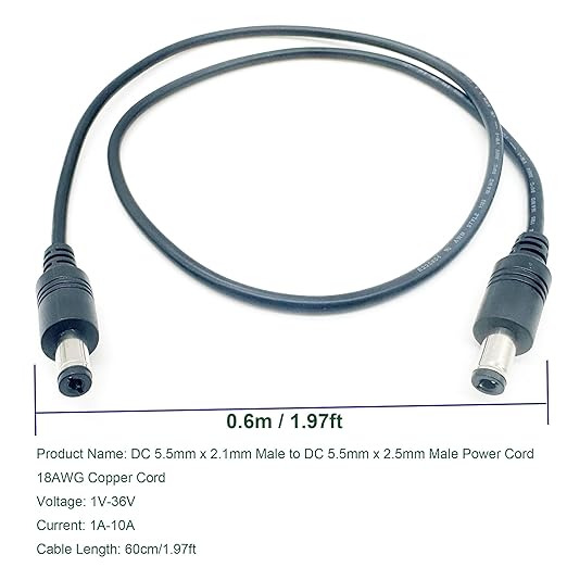 DC 5.5mm x 2.1mm male to DC 5.5mm x 2.5mm male power cord,